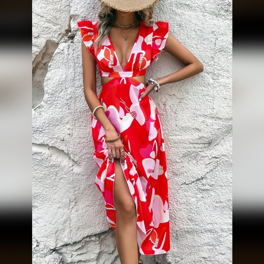 NWOT SHEIN Vacation Floral Print Ruffle Trim CutOut Waist Dress S: Med